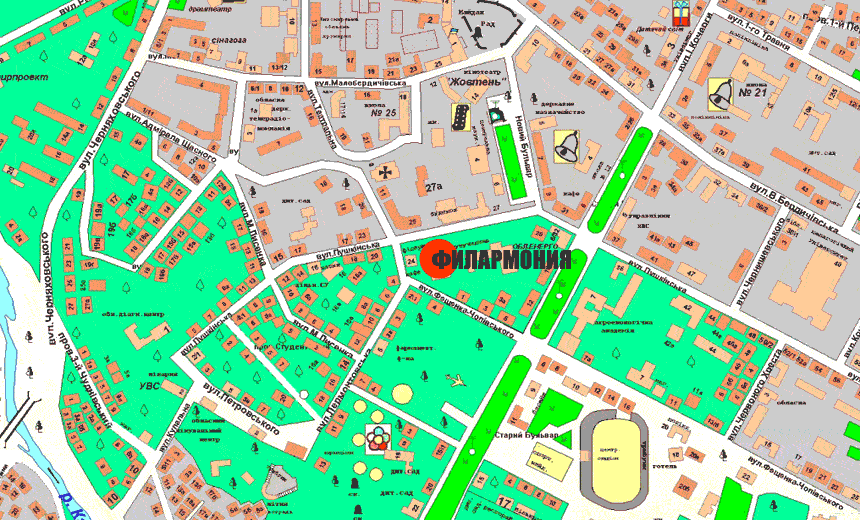 Житомирская филармония на карте Житомира